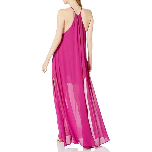 Show Me Your MuMu Bronte Maxi Dress Size XS Fuchsia Pop Pink Side Slits Chiffon - Picture 3 of 11